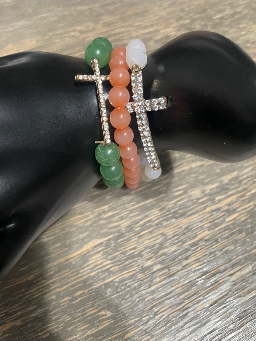 Crystal Cross Beaded Stretch Bracelet Set - Green, Peach, White